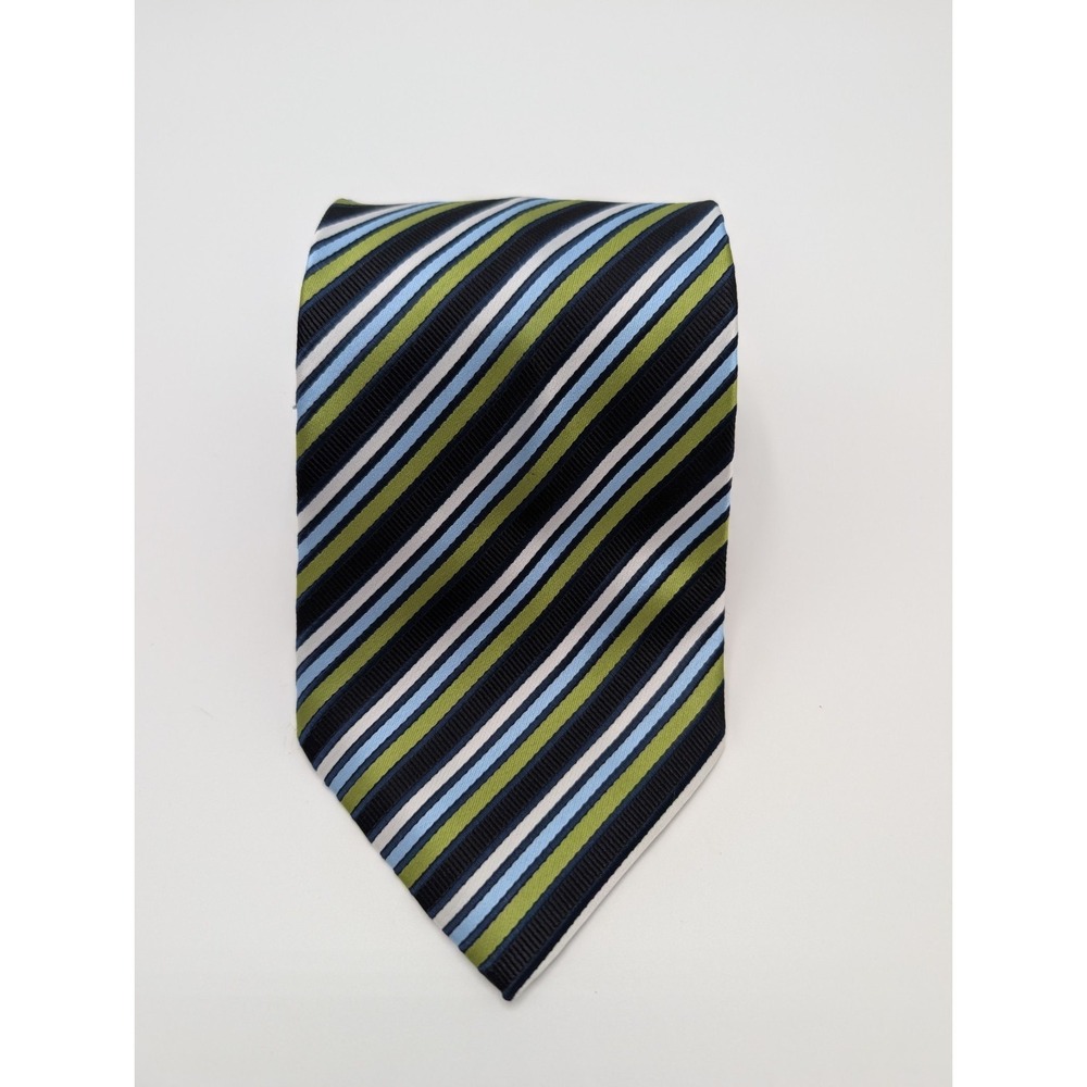 BERGAMO New York Handmade Mens Tie Blue Green Diagonal Stripe Polyester